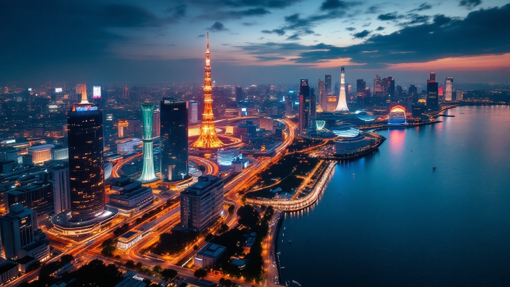 Aerial twilight view of Tokyo waterfront with interconnected light trails representing smart city data flows