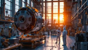 Satellite assembly clean room in Japan with golden hour light and engineer in protective suit