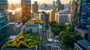Aerial view of Tokyo business district with rooftop gardens and solar panels at golden hour