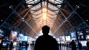 Sunlit exhibition hall at Tokyo Big Sight with technology demonstration booths and an attendee silhouette in the foreground
