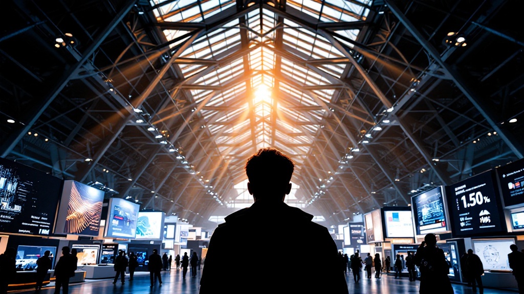 Sunlit exhibition hall at Tokyo Big Sight with technology demonstration booths and an attendee silhouette in the foreground