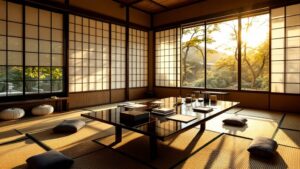 Traditional Japanese meeting room with business card holders on a lacquered table, golden light through shoji screens