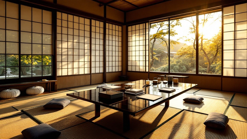 Traditional Japanese meeting room with business card holders on a lacquered table, golden light through shoji screens