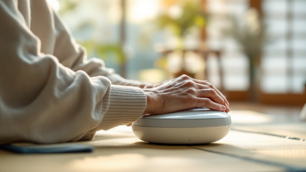 Elderly hands resting on a modern robotic care device in a sunlit Japanese living room