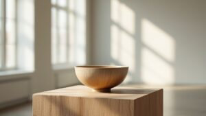 A traditional Japanese ceramic bowl displayed on a wooden pedestal in a modern minimalist gallery with natural window light