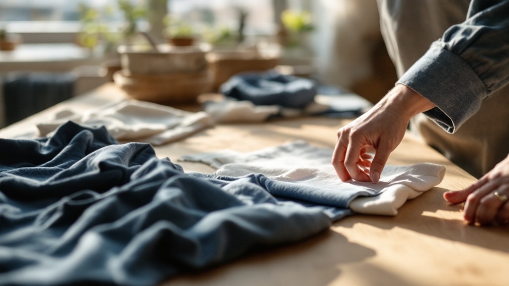 Hands sorting organic cotton and indigo-dyed textiles on a wooden table in a sunlit Tokyo workshop