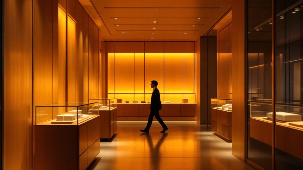 Warmly lit luxury retail interior in Tokyo with minimalist fixtures and a silhouetted shopper