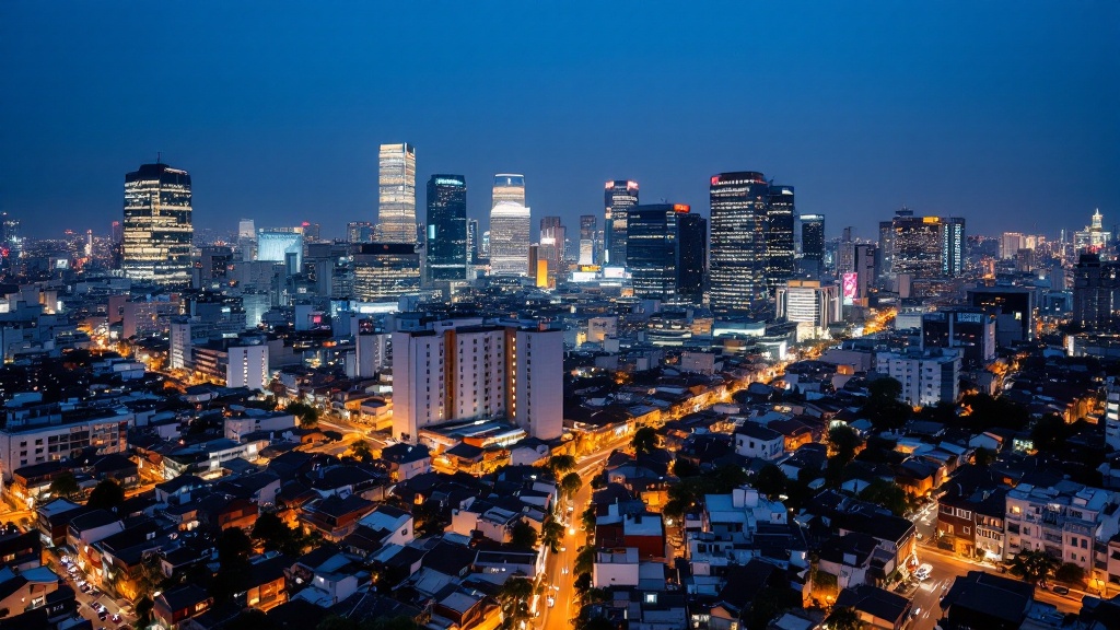 Aerial view of Tokyo at twilight showing contrast between traditional low-rise neighborhoods and modern redevelopment towers