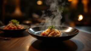 A beautifully plated kaiseki dish with rising steam on a dark ceramic plate in a warmly lit Japanese restaurant