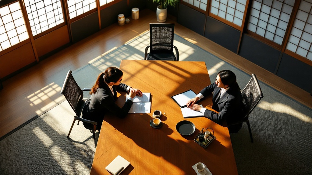 Overhead view of a business meeting across a wooden table in a Japanese-style conference room with warm natural light