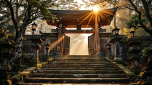 Sunlit wooden temple gate with moss-covered stone lanterns along a path at golden hour