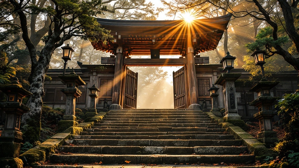 Sunlit wooden temple gate with moss-covered stone lanterns along a path at golden hour