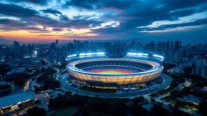 Aerial view of a modern sports stadium in Tokyo illuminated at twilight with city skyline in background