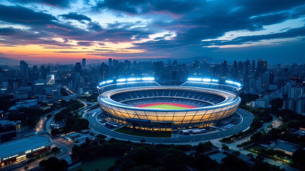 Aerial view of a modern sports stadium in Tokyo illuminated at twilight with city skyline in background