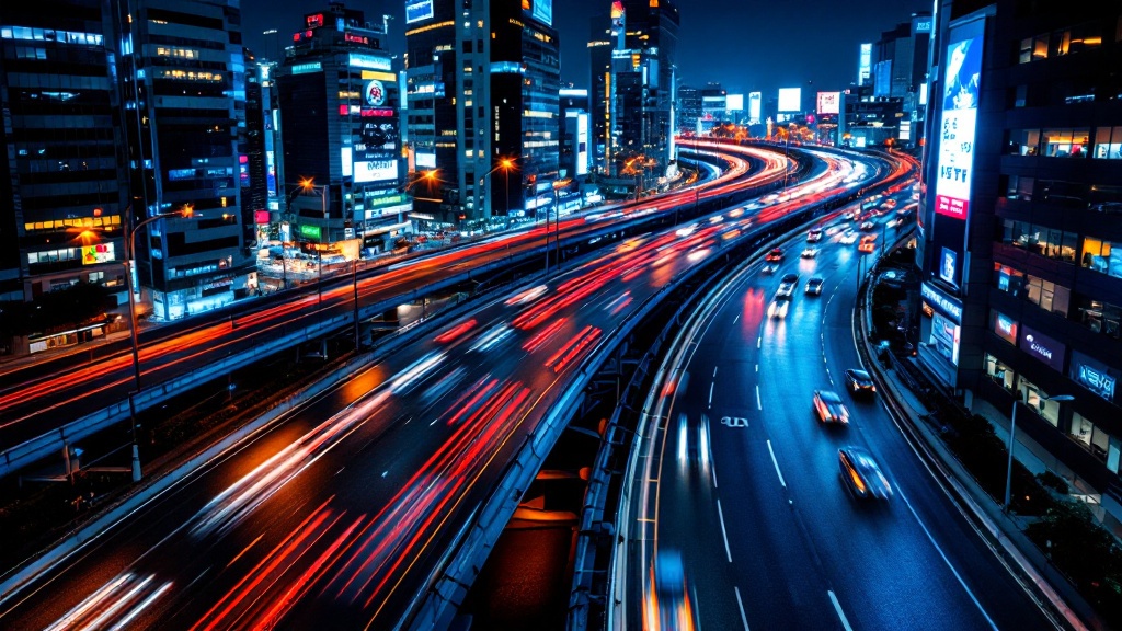 Long-exposure photograph of Tokyo expressway traffic at night with light trails curving between illuminated high-rise buildings