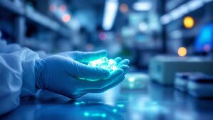 Gloved hands holding a bioluminescent sample in a modern Japanese biotech laboratory