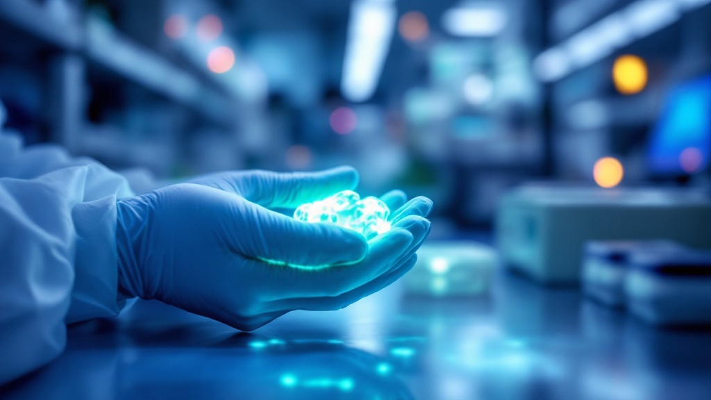 Gloved hands holding a bioluminescent sample in a modern Japanese biotech laboratory