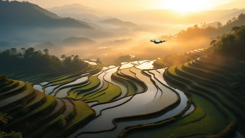 Autonomous agricultural drone hovering above misty Japanese rice terraces at golden hour