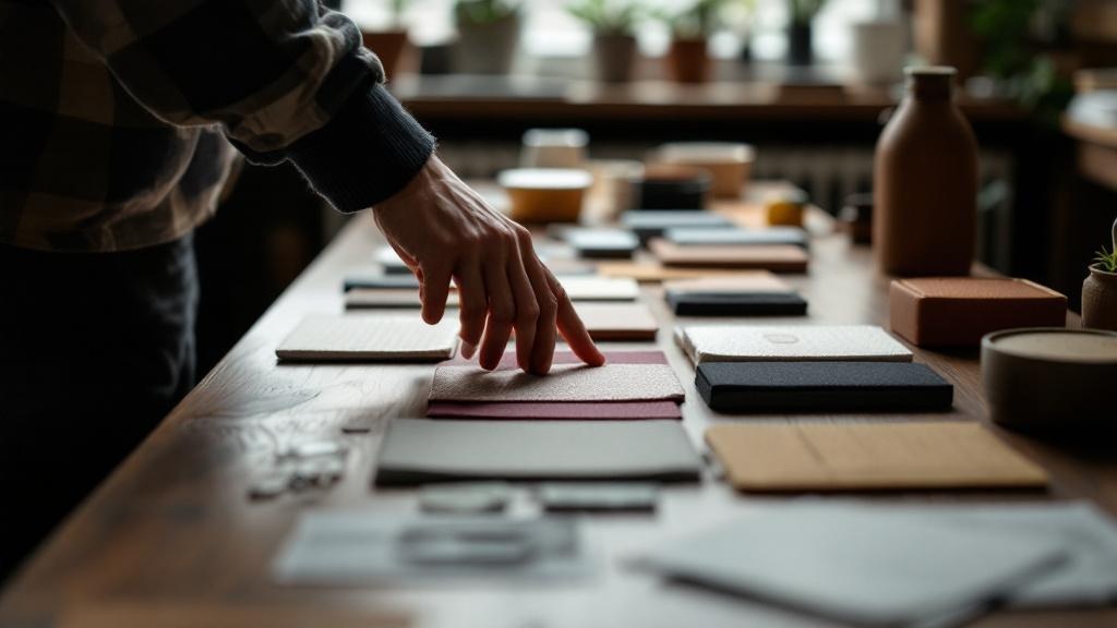 Fingertips touching various textured packaging samples on a dark walnut table in a design studio