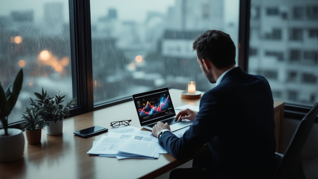 Over-shoulder view of professional reviewing documents at a Japanese wooden desk overlooking rainy Tokyo