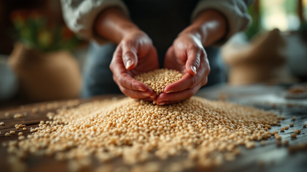 Close-up of hands sorting freshly harvested rice grains on a wooden surface