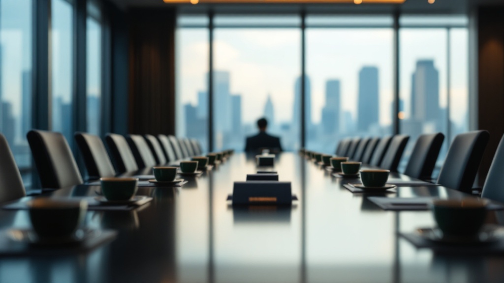 Over-the-shoulder view of a formal Tokyo boardroom with hierarchically arranged seating and tea cups