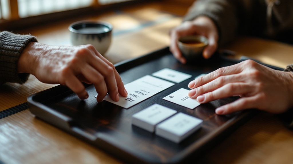 Hands arranging business cards on lacquered tray in traditional Japanese tatami room