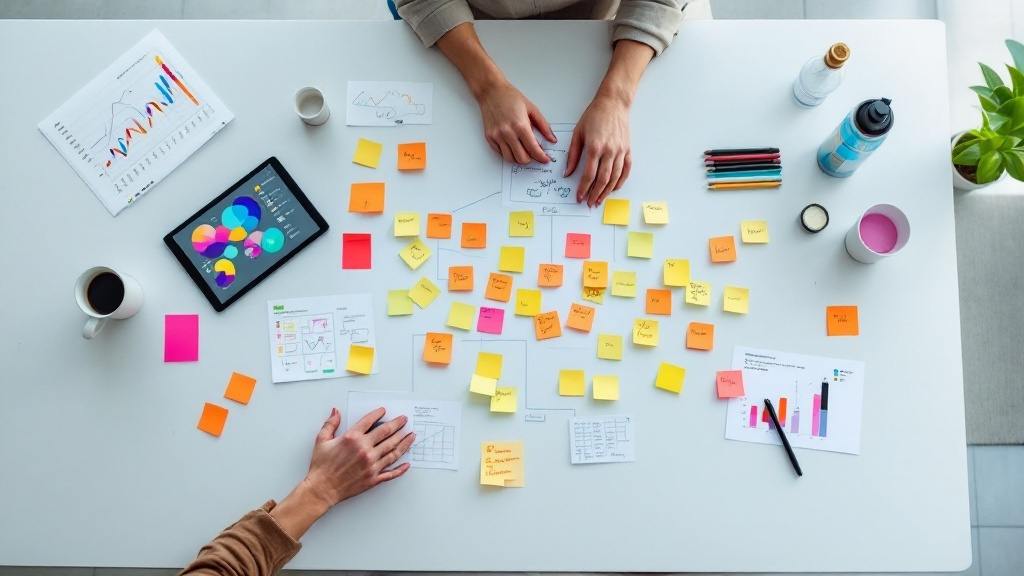 Overhead view of hands organizing workflow diagrams and sticky notes alongside a tablet on a bright workspace table