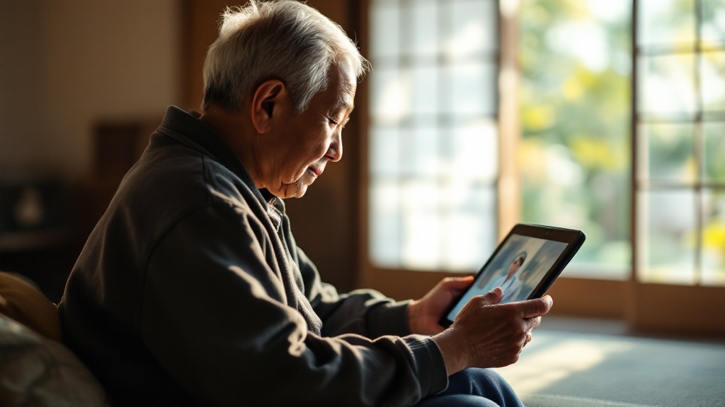 Over-shoulder view of an elderly person using a tablet for telemedicine in a traditional Japanese room