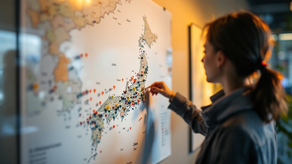Person studying a wall map of Japan marked with colored pins indicating innovation clusters