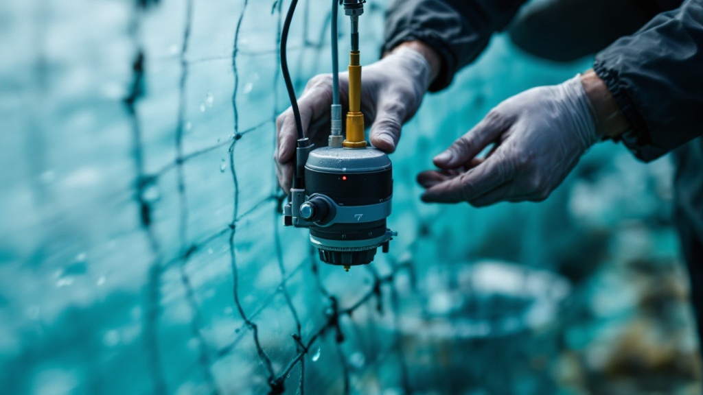 Close-up of hands adjusting an underwater IoT monitoring sensor on aquaculture netting
