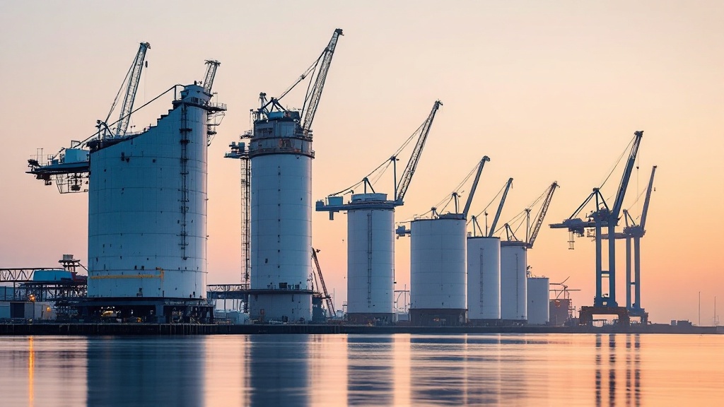 Offshore wind turbine foundations under assembly at a Japanese industrial port at dawn