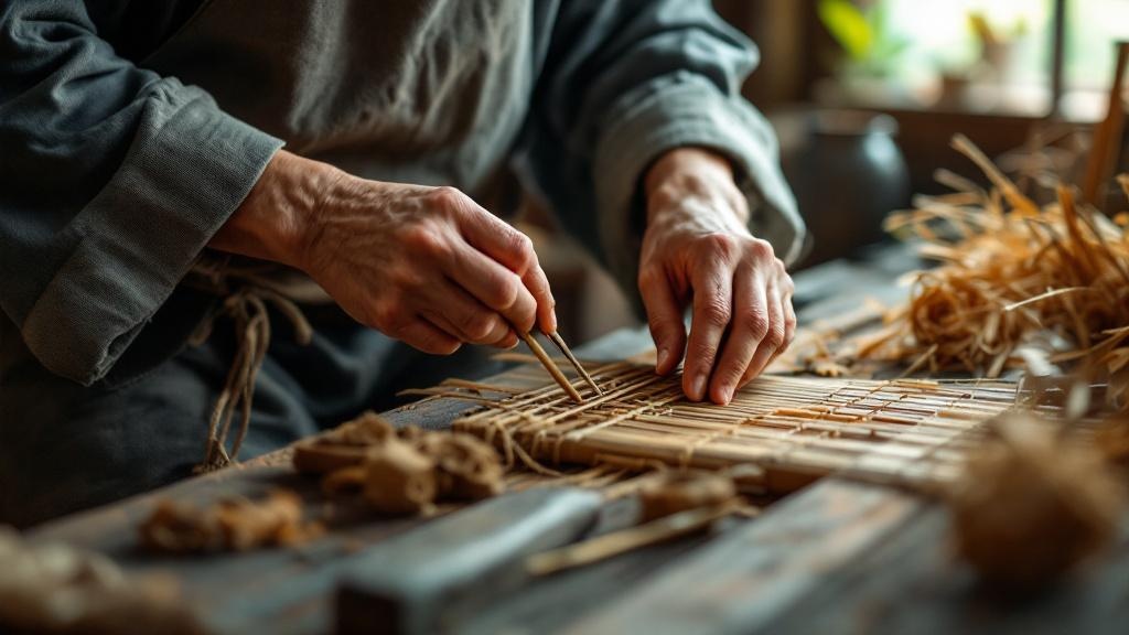 Close-up of hands weaving bamboo in a traditional Japanese rural workshop