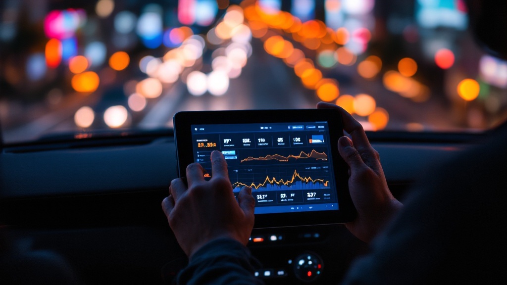 Hands holding a tablet with abstract data visualizations overlooking a Tokyo intersection at night