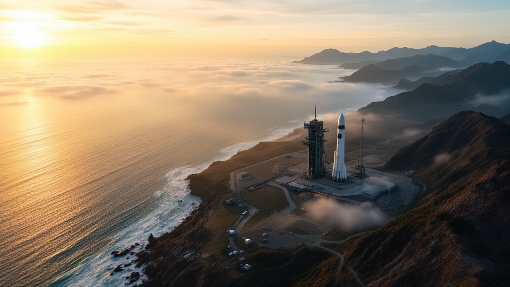 Aerial view of Japanese space launch facility at sunrise with ocean backdrop