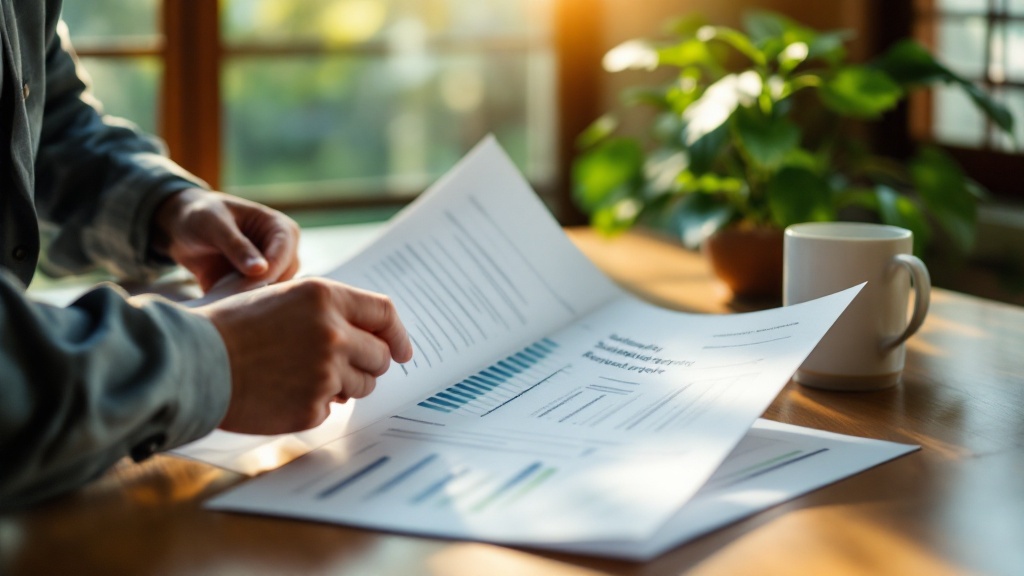 Hands reviewing sustainability documents on a wooden desk with natural light from a Japanese window
