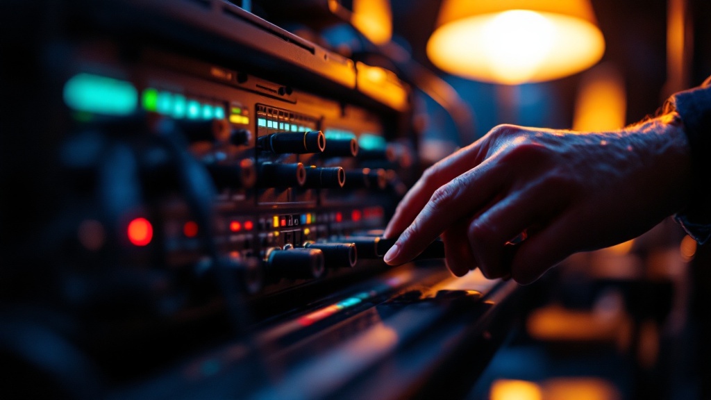 Hands patching XLR cables into a professional audio rack backstage at a conference venue