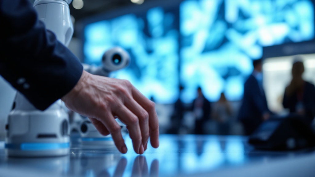 Hands operating a small industrial robot arm at a technology demonstration booth with soft blue lighting