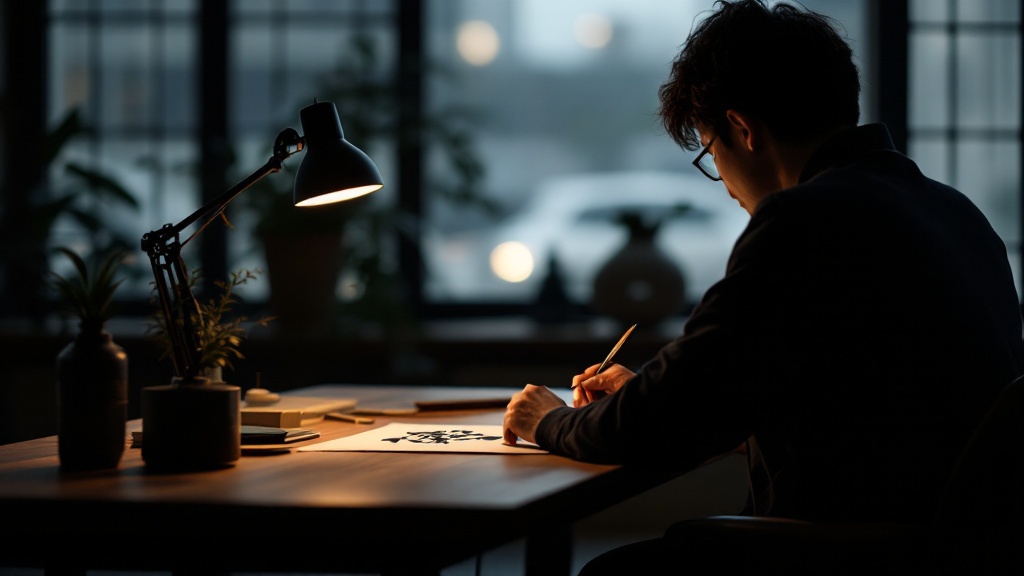 Silhouette practicing Japanese calligraphy of honorific phrases at a wooden desk with warm lamp light