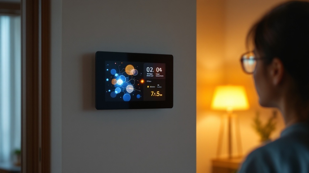 Over-shoulder view of caregiver checking a smart home monitoring panel in a Japanese apartment