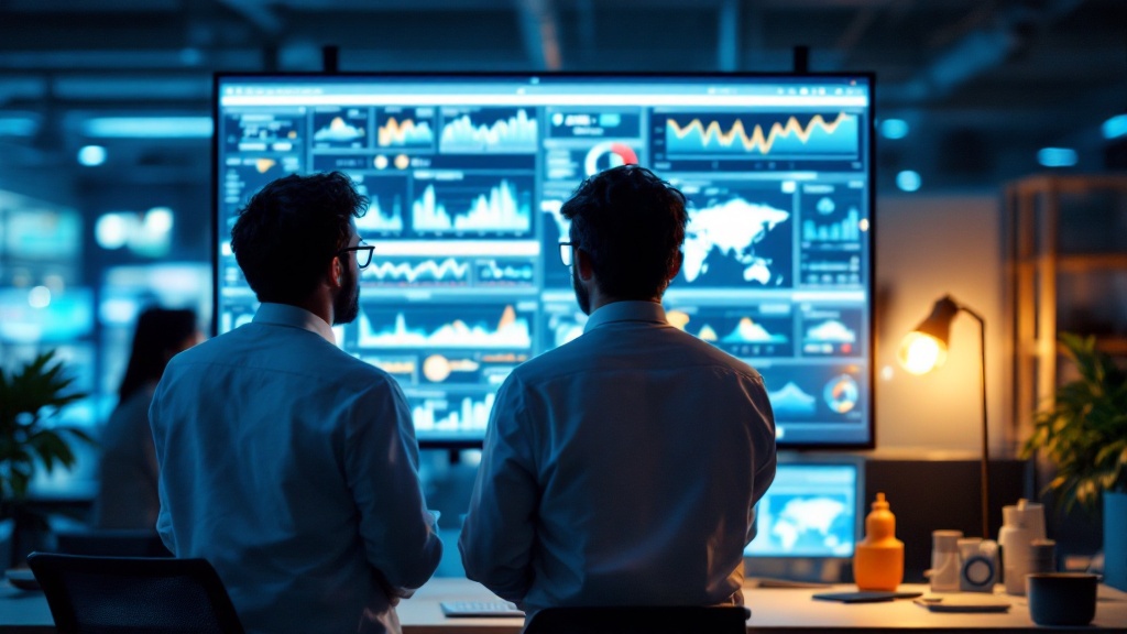 Over-shoulder view of researchers reviewing abstract data visualizations in a Tokyo lab