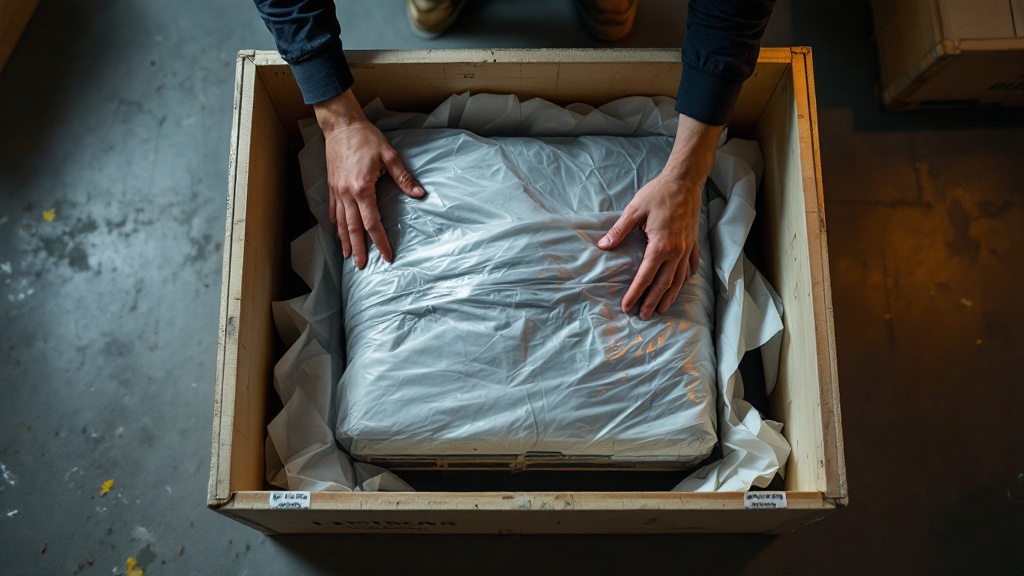 Hands carefully unpacking a wrapped art object from a wooden shipping crate in a warehouse setting