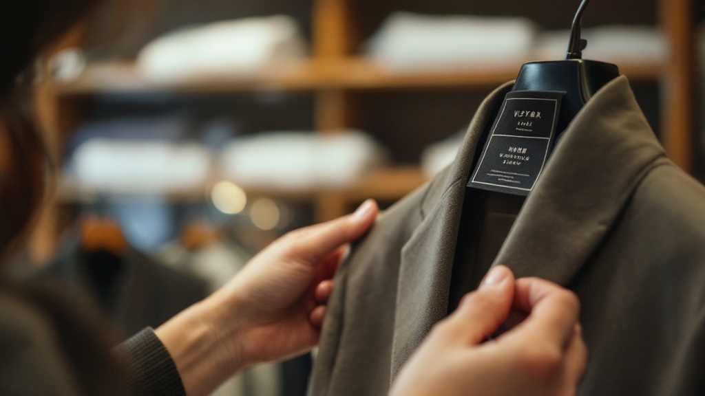 Over-shoulder view of a person inspecting a garment certification label in a modern Japanese retail store