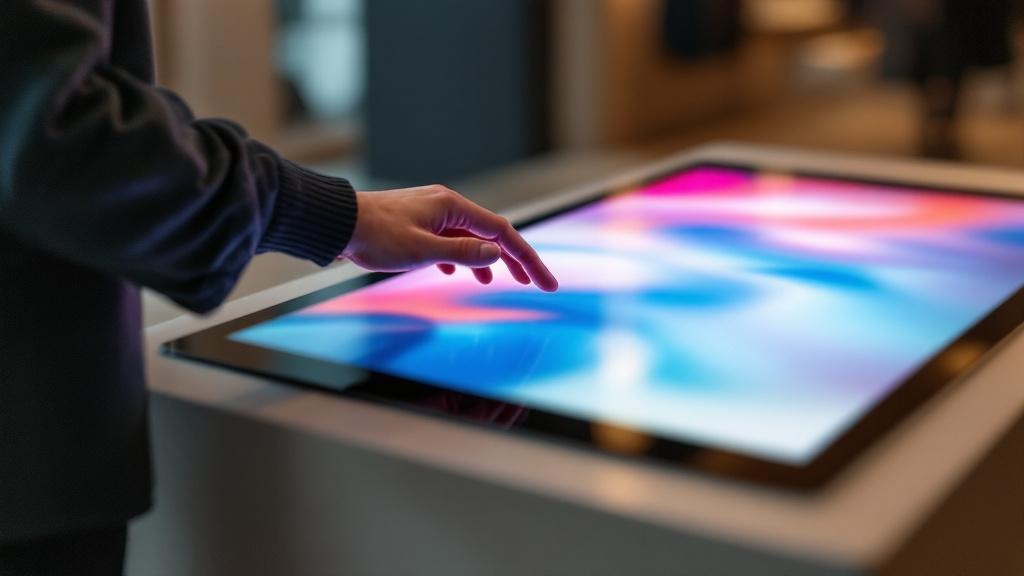 Hands interacting with an interactive display surface inside a modern Japanese boutique