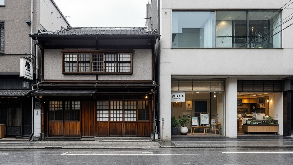 Restored traditional wooden machiya townhouse next to modern concrete building in a Kyoto alley