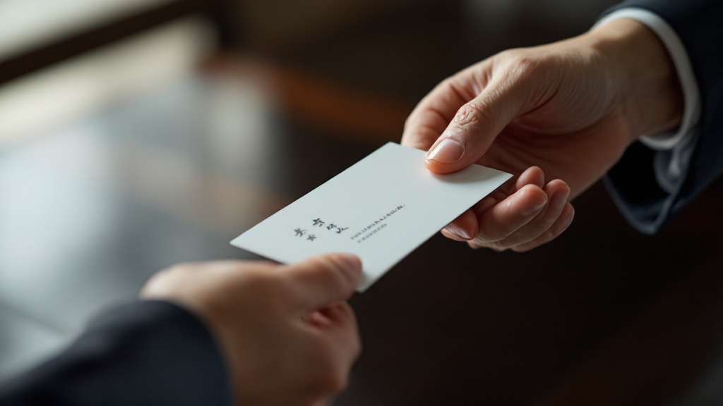 Close-up of hands exchanging business cards with proper Japanese two-handed etiquette over a dark table