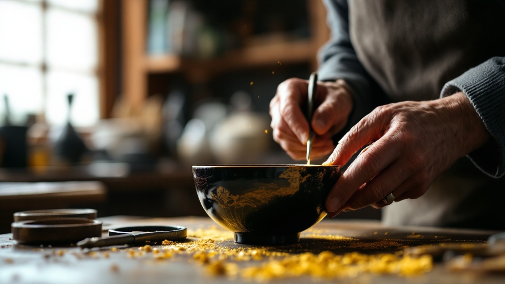 Hands restoring a traditional Japanese lacquerware bowl in a craftsman workshop with natural window light