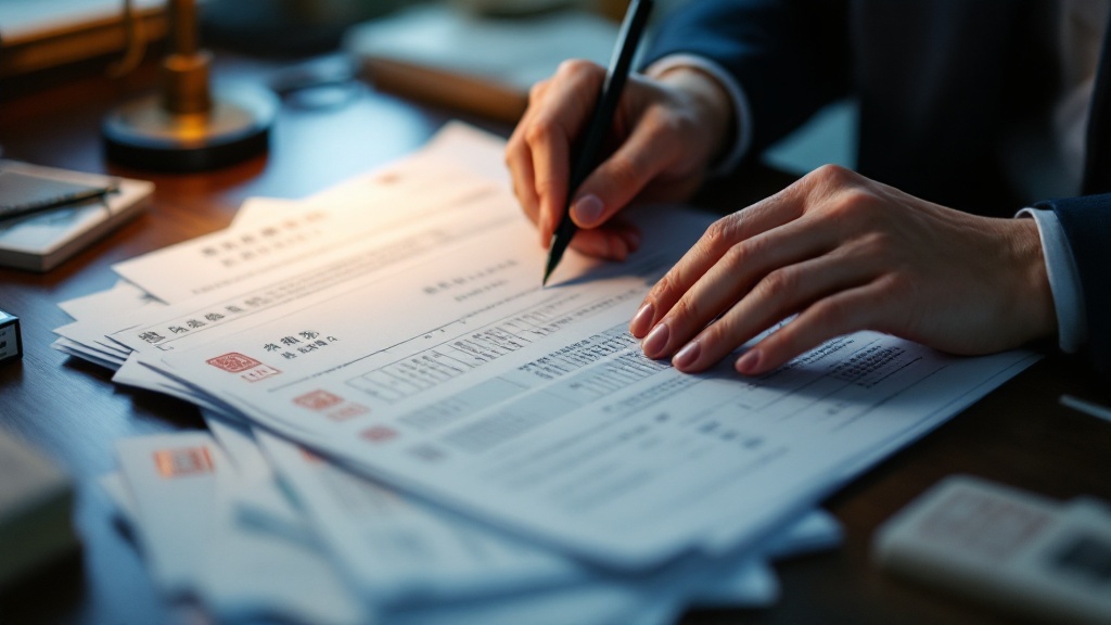 Hands sorting through Japanese government permit documents and official stamps on a wooden desk