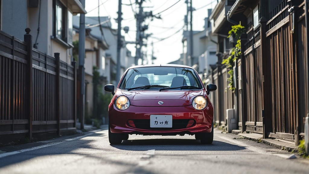 Small kei car parked on a narrow Japanese suburban street with traditional wooden fencing and soft morning light