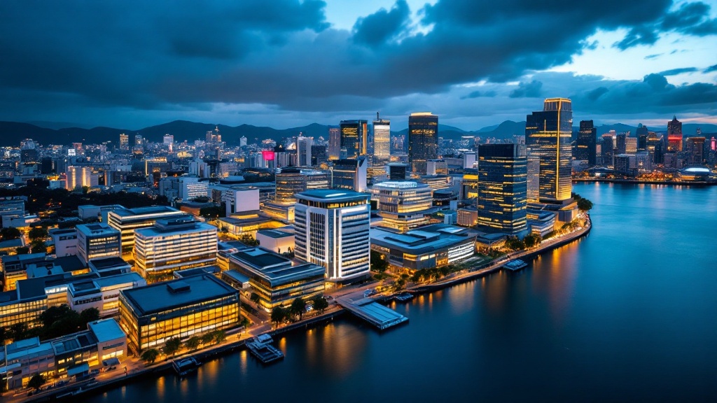 Aerial twilight view of illuminated pharmaceutical research buildings along Tokyo's waterfront